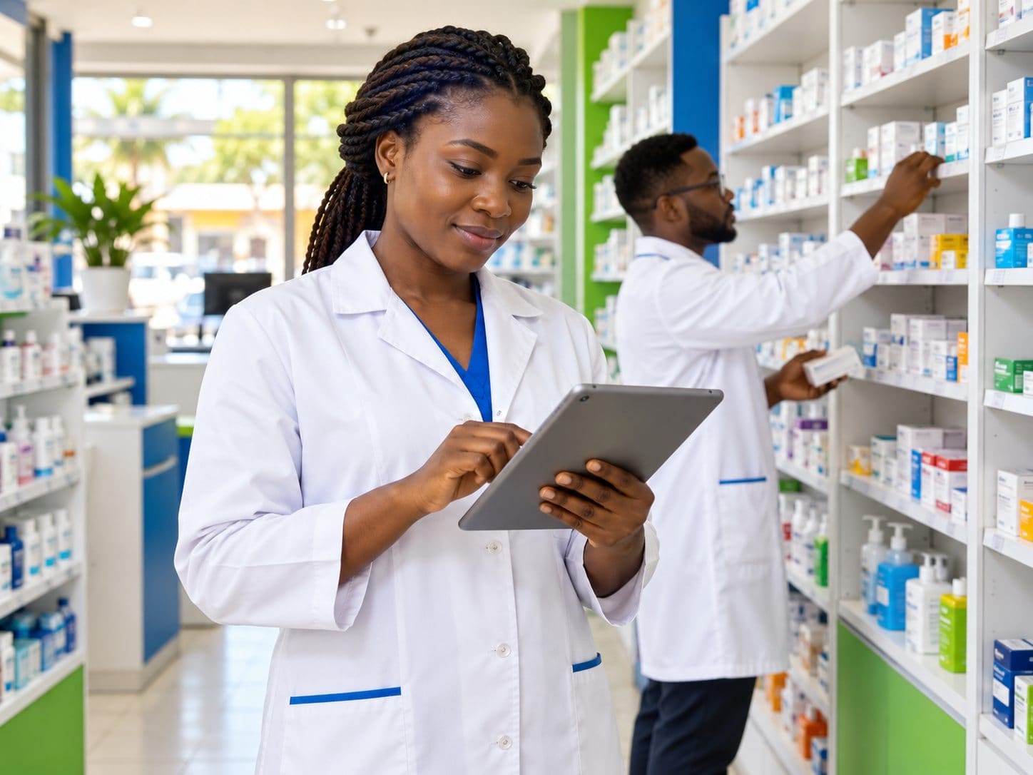 Une pharmacienne consulte les informations de stock sur tablette dans une officine